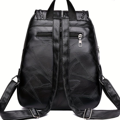 Black Soft PU Leather Lady Travel Backpack - Contrast Sequin, Lightweight, Adjustable Strap, Polyester Lining - Perfect for Going Out, Students, and Daily Use