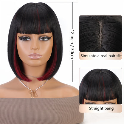 12 Inch Black Mix Burgundy Wine-Red Blunt Cut Bob Wig - Yaki Straight, 130% Density, Rose Net Cap, Highlight Short Straight Synthetic Daily Use Wig for Women - Perfect Party Style