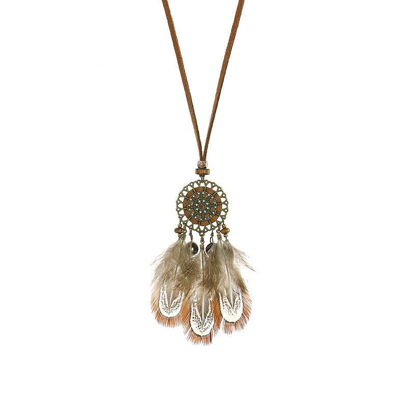 Vintage hollow round feather necklace