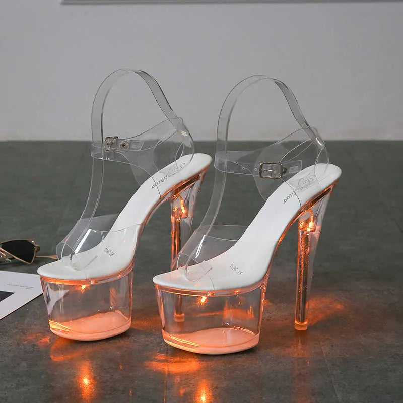 Dress Shoes New 17CM Super High Nightclub High Heels Transparent Platform Luminous Slippers Women Shoes Led Light Catwalk Pole Dance Sandals G230130