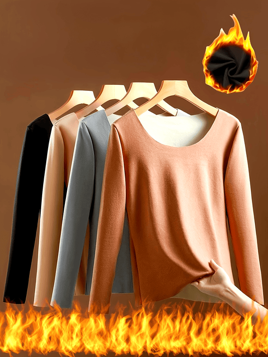 4 Pcs Cozy Thermal Underwear Set - Soft Plush Lined, Long Sleeve, Round Neck, Seamless, Breathable, Moisture-Wicking, Quick-Drying, Fall & Winter Essential for Women - Thermal Top and Bottom Lingerie