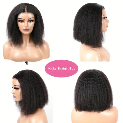 13x4 HD Transparent Brazilian Lace Frontal Wig - Glueless Pre-Plucked Yaki Straight Short Bob for Women - 200% Density, Coarse, Sports Style, Swiss Lace, Kinky Straight, 10-16 Inches