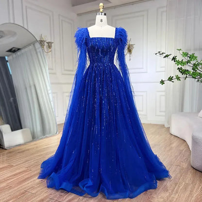 Serene Hill Luxury Dubai A Line Blue Cape Sleeves Feathers Beaded Evening Dresses Gowns For Women Party