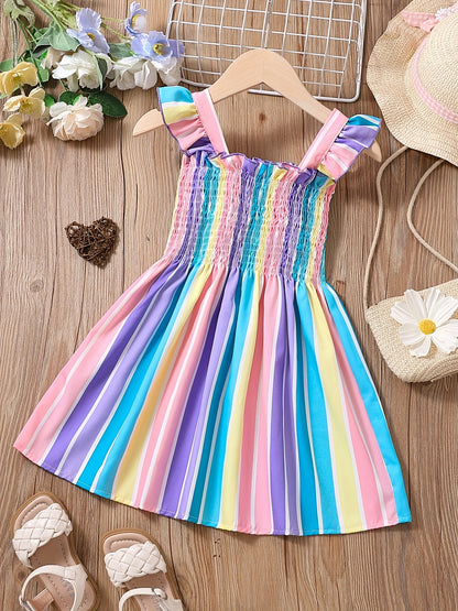 Girls Color Block Striped Sleeveless Ruffles Ruched Dress Kids Summer Clothes