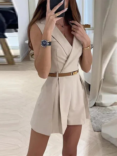 Elegant Womens Jumpsuit With Belt Fashion Sleeveless Turndown Collar Slim Short Jumpsuits Female Sping Summer Lady Romper 240307