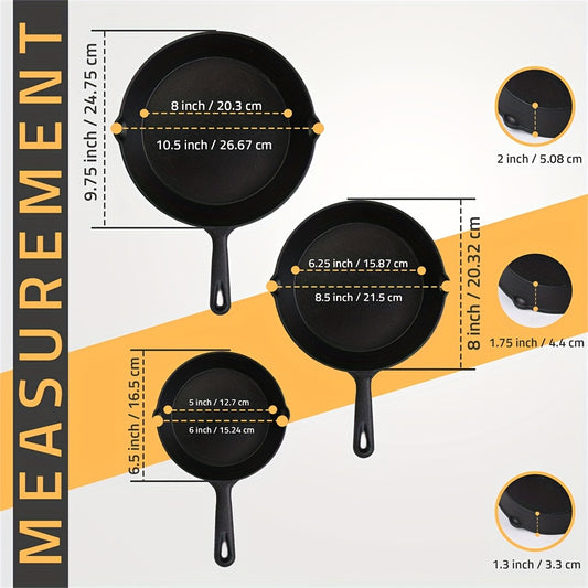 Saute Fry Pan - Pre-Seasoned Cast Iron Skillet Set 3-Piece - Nonstick Frying Pan 6 Inch, 8 Inch And 10 Inch Cast Iron Set