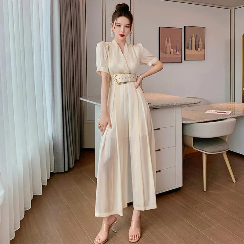 Basic Casual Dresses Summer Women Jumpsuit Elegant Noble Professional Fashion Striped V-neck Adjustable Waist Long Wide Leg Rompers Office Street