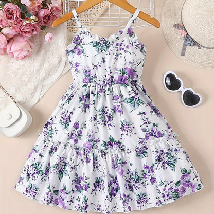 Girls' Casual Cute Sundress With Purple Floral Print For Summer Vacation