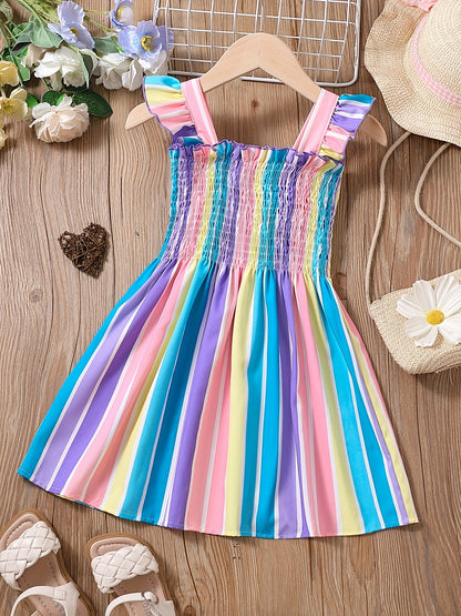 Girls Color Block Striped Sleeveless Ruffles Ruched Dress Kids Summer Clothes