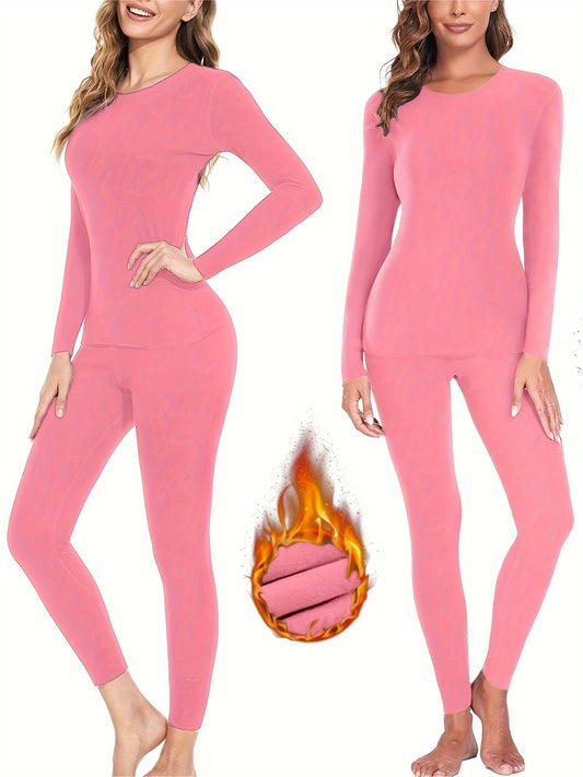 2 Pcs Women's Thermal Underwear Set - Solid Slim Fit, Long Sleeve Round Neck Base Top & Pants for Fall & Winter