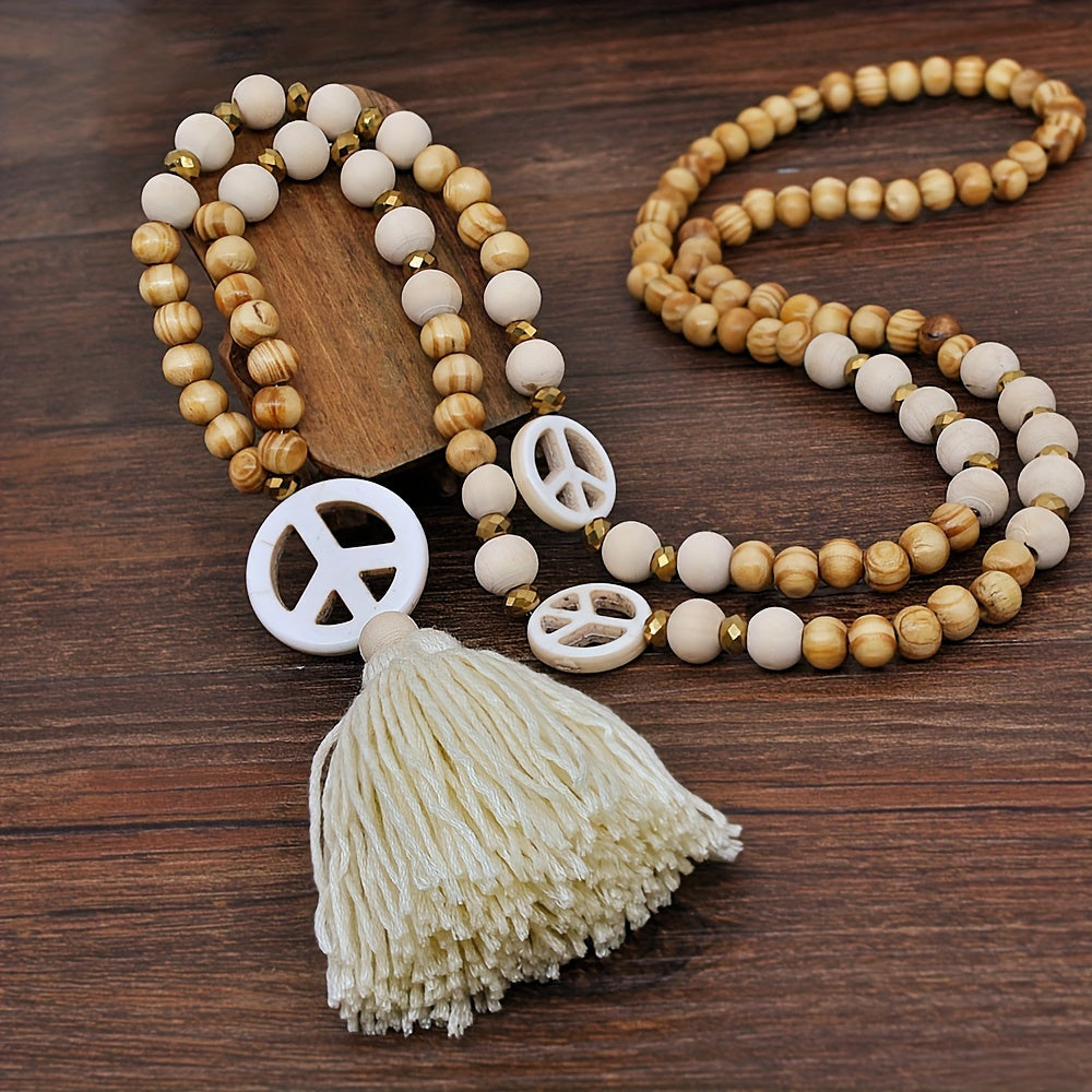 Bohemian Style Handmade Tassel Pendant Wooden Beaded Necklace With Peace Sign Pendant For Women, Vintage Long Beaded Jewelry Accessory