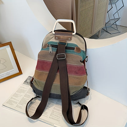 Fashionable Striped Canvas Backpack - Versatile Women's Daypack with Secure Zip Closure & Comfy Shoulder Straps