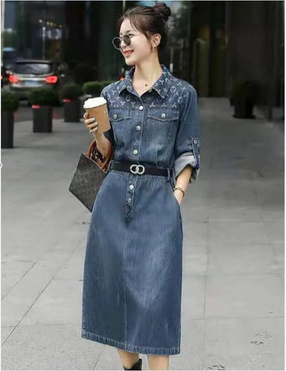 Designer mid-length Dress for Women denim office business lapel colloar skirts with belt oversized blue jeans dress