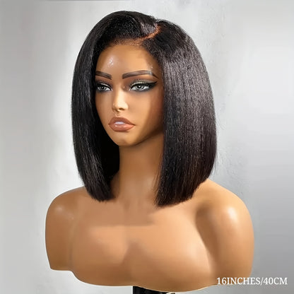 13x4 HD Transparent Brazilian Lace Frontal Wig - Glueless Pre-Plucked Yaki Straight Short Bob for Women - 200% Density, Coarse, Sports Style, Swiss Lace, Kinky Straight, 10-16 Inches