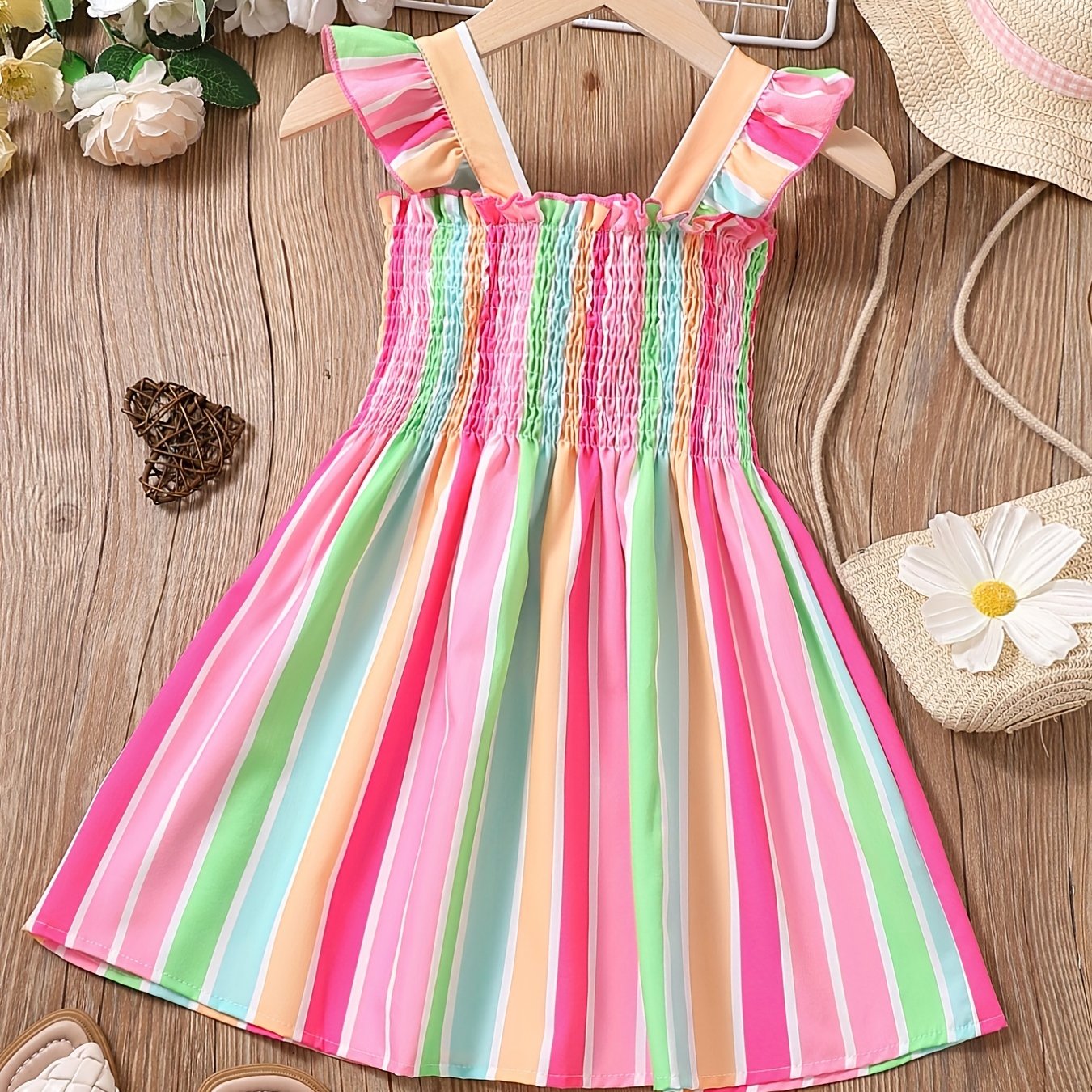 Girls Color Block Striped Sleeveless Ruffles Ruched Dress Kids Summer Clothes