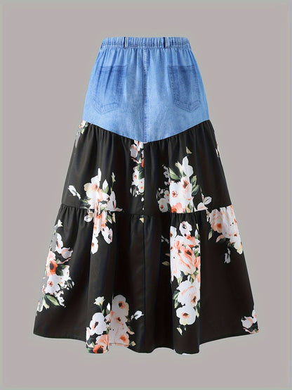 Tween Girls Casual & Trendy Imitation Denim & Flowers Pattern Spliced Maxi Skirt For Spring & Summer