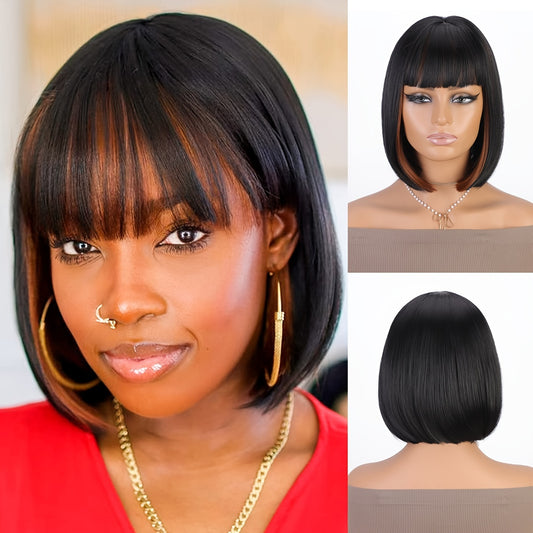 12 Inch Black Mix Burgundy Wine-Red Blunt Cut Bob Wig - Yaki Straight, 130% Density, Rose Net Cap, Highlight Short Straight Synthetic Daily Use Wig for Women - Perfect Party Style