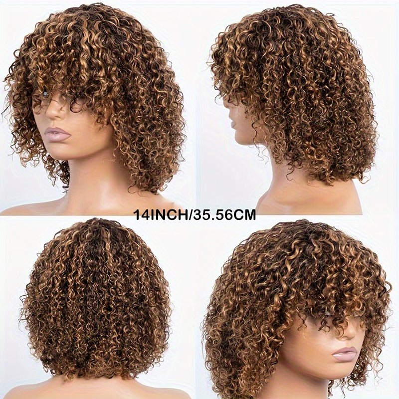 180% Density Short Curly Brown Highlight Human Wig with Bangs - 100% Brazilian Virgin Hair, No Lace Front, Natural Looking, Soft and Silky Texture, Easy to Style and Maintain - High-Quality Hairpiece for Women