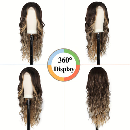 4-Pack U-Part Lace Front Wigs - Brown with Blonde Blend - Long, Wavy/Curly Style - Dark Roots Synthetic Hair - Heat Resistant, Natural-Looking - Perfect for Daily Wear & Parties - Seamless Middle Part Design