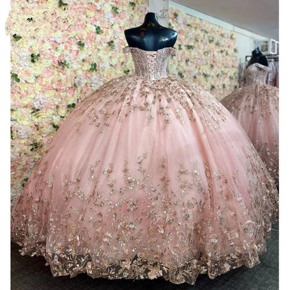 Pink Princess Quinceanera Dresses Birthday Party Robe Short Sleeve Beaded Sparkly Lace-Up Corset Puffy Skirt Vesridos De