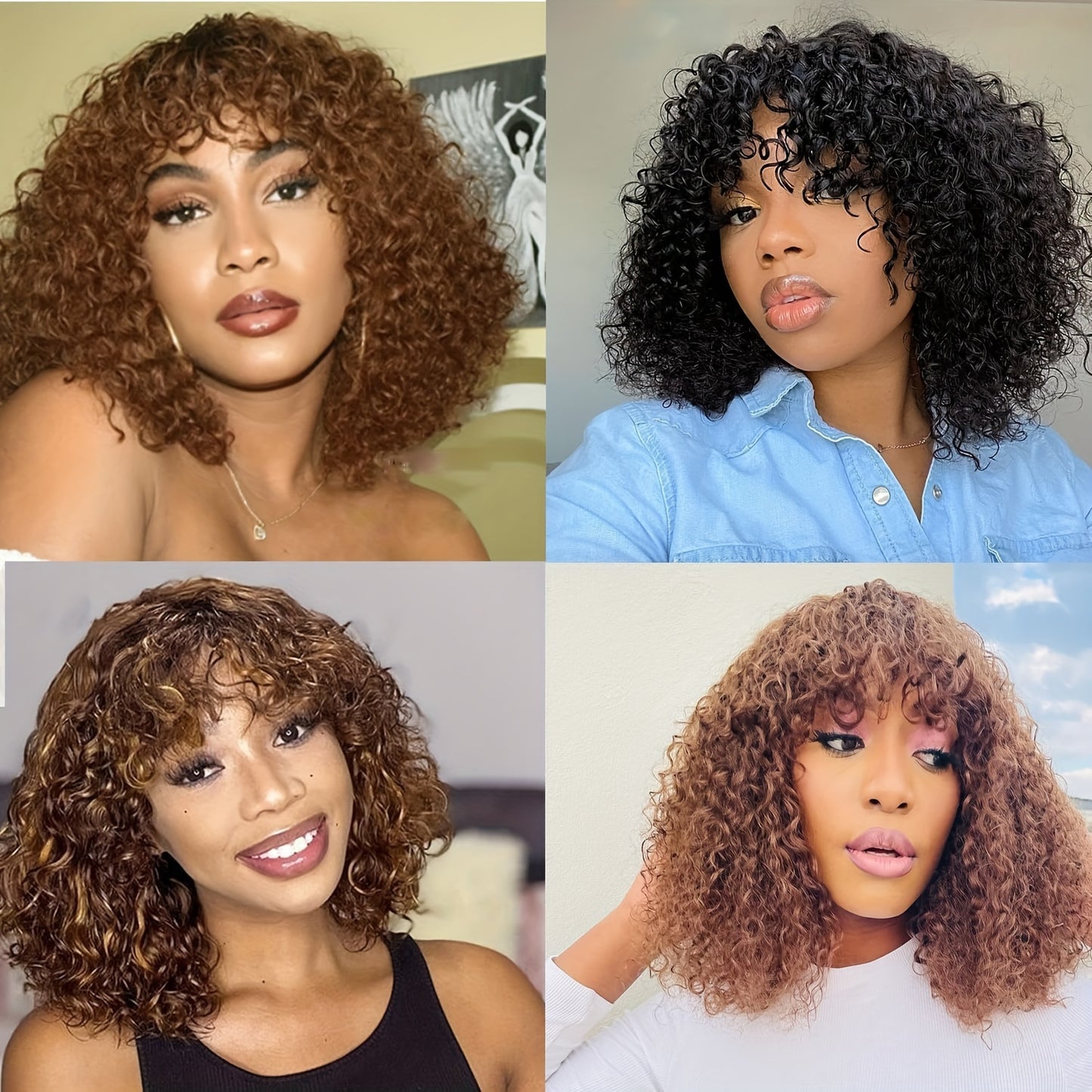 180% Density Short Curly Brown Highlight Human Wig with Bangs - 100% Brazilian Virgin Hair, No Lace Front, Natural Looking, Soft and Silky Texture, Easy to Style and Maintain - High-Quality Hairpiece for Women