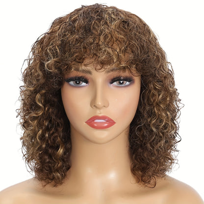 180% Density Short Curly Brown Highlight Human Wig with Bangs - 100% Brazilian Virgin Hair, No Lace Front, Natural Looking, Soft and Silky Texture, Easy to Style and Maintain - High-Quality Hairpiece for Women