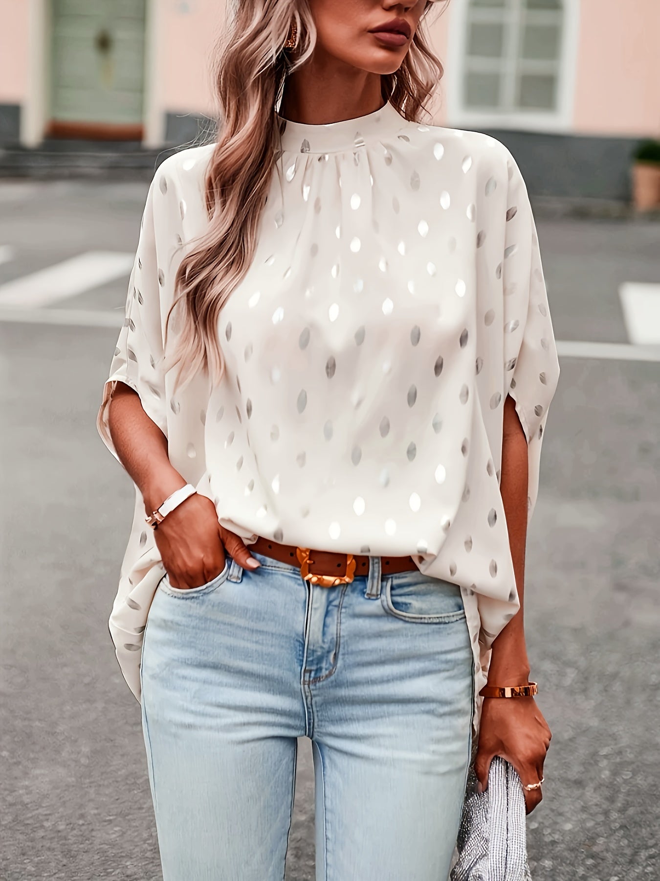 Plus Size Polka Dot Delight - Flattering Crew Neck Blouse with 3/4 Sleeves - Versatile Casual Wear for Spring to Fall - Womens Fashion Plus Size Clothing Staple