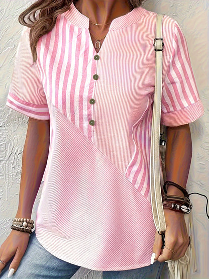 Plus Size Elegant V-Neck Striped Shirting Blouse - Non-Stretch Polyester, Machine Washable, Random Printed, Short Sleeve, Button Front, Casual Summer Wear for Women - Easy Care, Non-Sheer, Woven Fabric