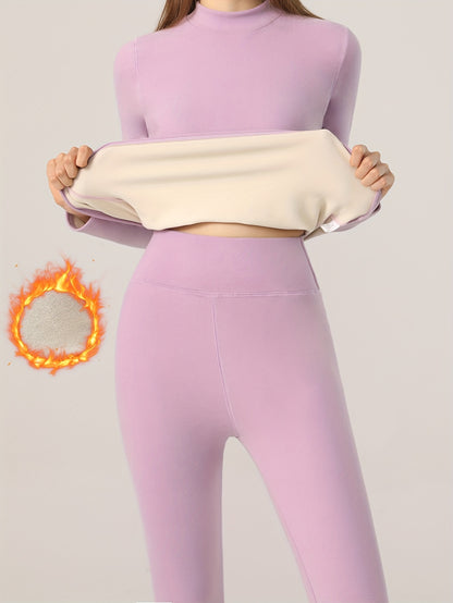 2-Piece Elegant Thermal Set for Women - High Support, Long Sleeve, Slight Stretch Knit, Solid Color, No Padding, Polyester-Spandex Blend - Comfortable and Versatile Leggings and Top Combo