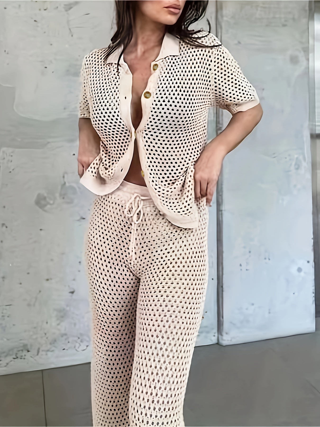 Charming Crochet Knit Two-piece Set - Soft & Breathable Solid Outfit with Short Sleeve Open Front Top & Wide Leg Pants - Perfect Casual Style for Women