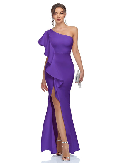 Stunning One-Shoulder Bodycon – Chic Asymmetrical Ruffle Dress, Elegant Knit Fabric for Parties