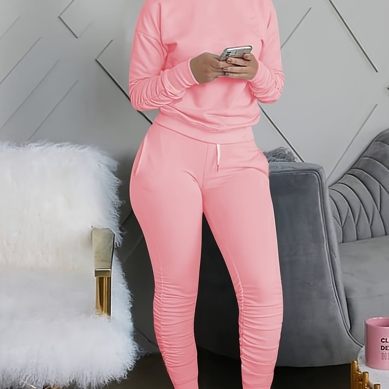 Womens Chic Leisure Two-piece Set - Comfy Long Sleeve Top & Stylish Pocketed Trousers - Versatile for Workouts or Casual Wear