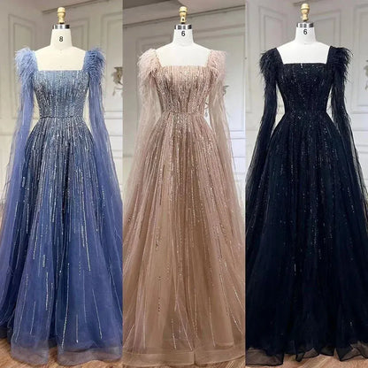 Serene Hill Luxury Dubai A Line Blue Cape Sleeves Feathers Beaded Evening Dresses Gowns For Women Party