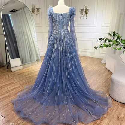 Serene Hill Luxury Dubai A Line Blue Cape Sleeves Feathers Beaded Evening Dresses Gowns For Women Party