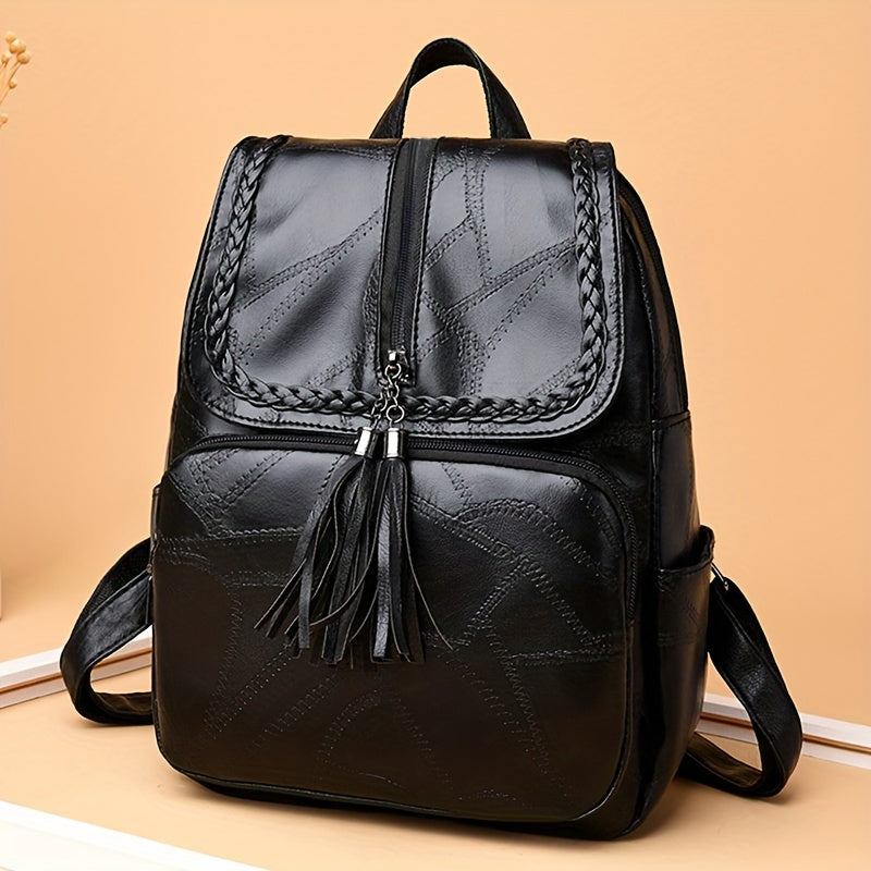 Black Soft PU Leather Lady Travel Backpack - Contrast Sequin, Lightweight, Adjustable Strap, Polyester Lining - Perfect for Going Out, Students, and Daily Use