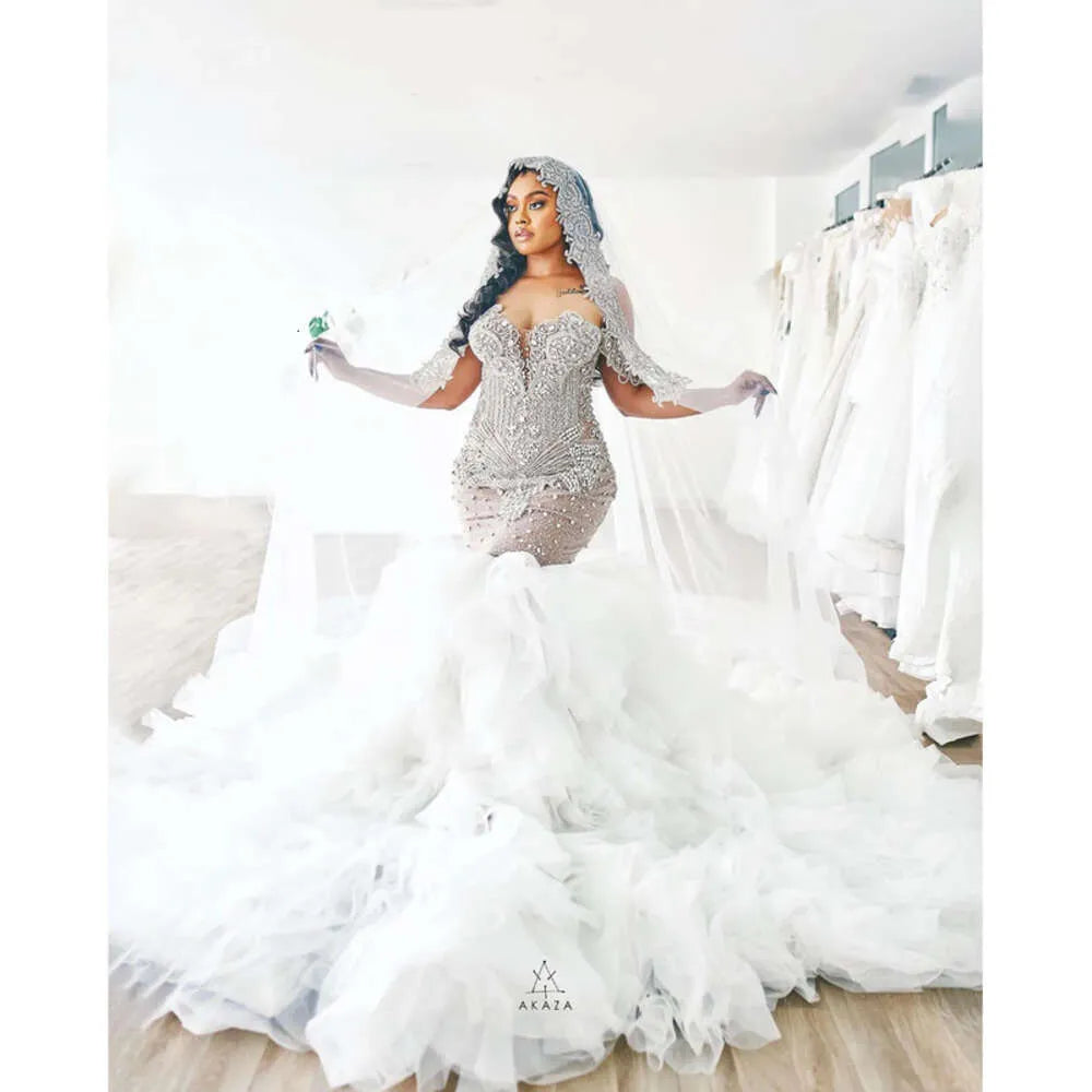 Plus Arabic Aso Ebi Size Luxurious Mermaid Wedding Dress Beaded Crystals Tulle Detachable Train Tiers Bridal Gowns Dresses ZJ es