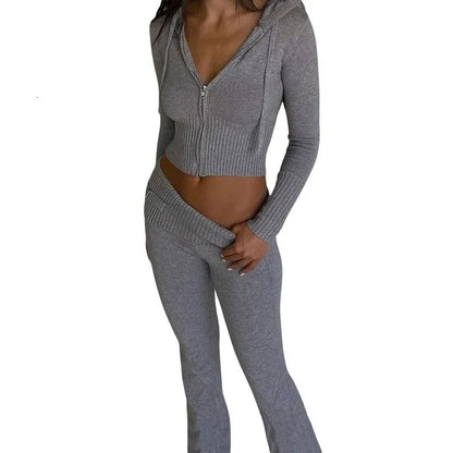 Women's Jumpsuits Rompers Women Cozy Ribbed Knit Lounge Set Long Sleeve Zip Up Hoodie with High Waist Wide Leg Pant 2 Piece Loungewear Ensemble Casual Set 231208