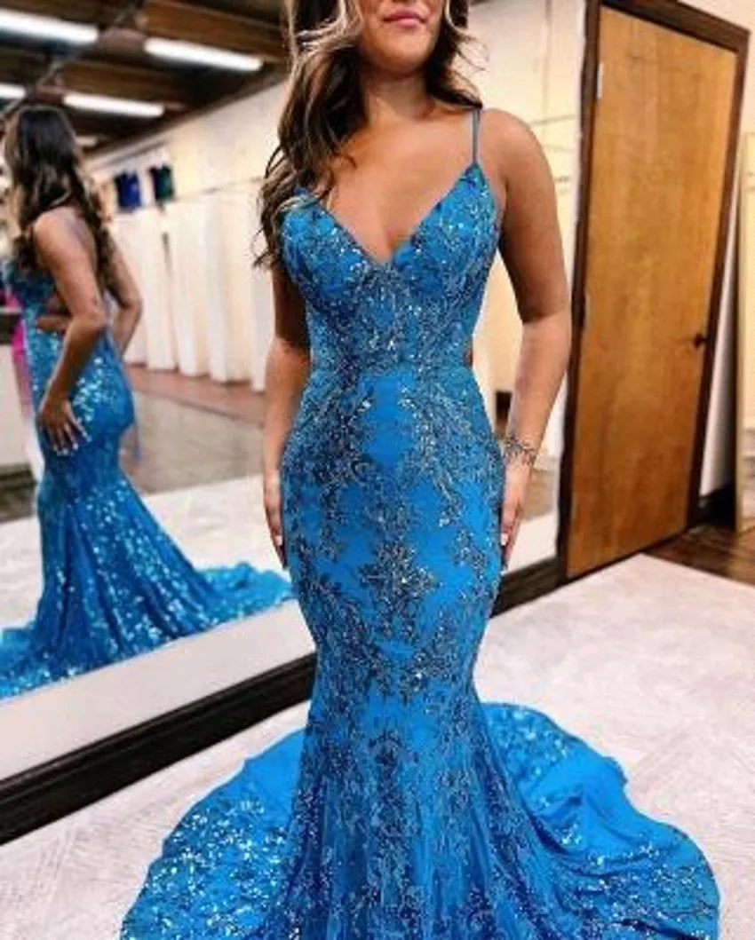 Fantastic Blue Sequined Mermaid Prom Dresses Sexy Backless Spaghetti Straps Appliques Ruffles Long Black Girls Formal Party Graduation Gala Dress BC18385