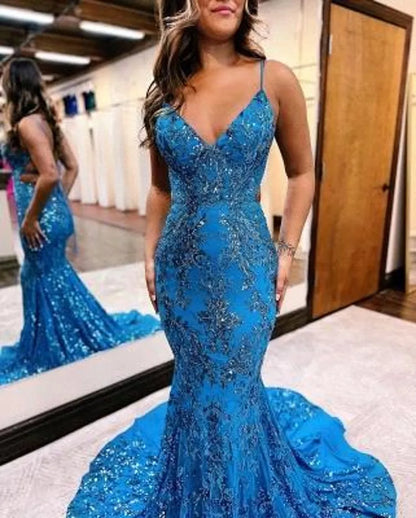 Fantastic Blue Sequined Mermaid Prom Dresses Sexy Backless Spaghetti Straps Appliques Ruffles Long Black Girls Formal Party Graduation Gala Dress BC18385