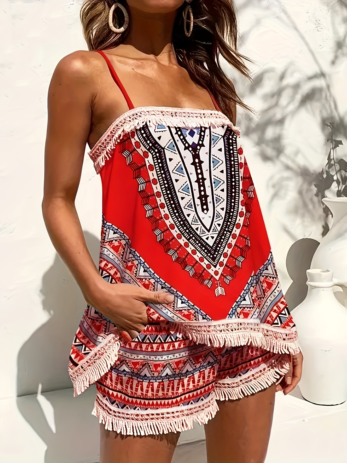 Boho Chic Tribal Print Summer Shorts Outfit - Lightweight & Comfortable Sleeveless Spaghetti Strap Top with Tassel Hem & Loose Shorts Set, Perfect for Vacation Wear