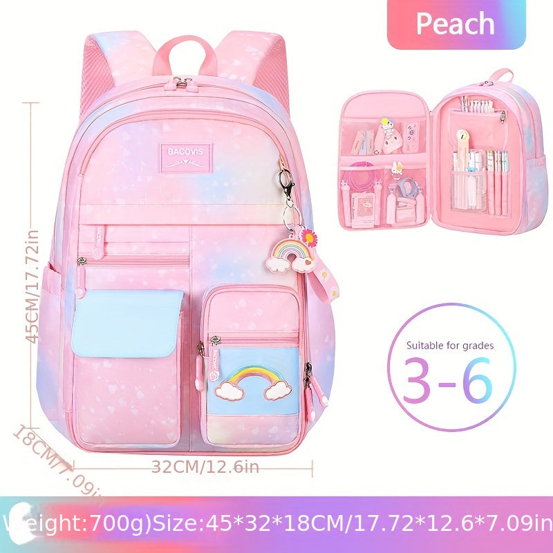 Large Capacity Girls Gradient Rainbow Backpack - Multi-Functional, Spacious & Stylish - Perfect for Primary School Students