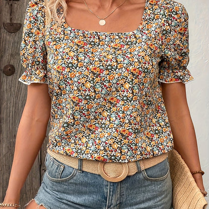 Plus Size Floral Print Blouse - Classic Square Neckline, Comfortable Short Sleeves, Elegant Design - Perfect for Spring and Summer, Womens Curvy Fashion Clothing for Everyday Wear
