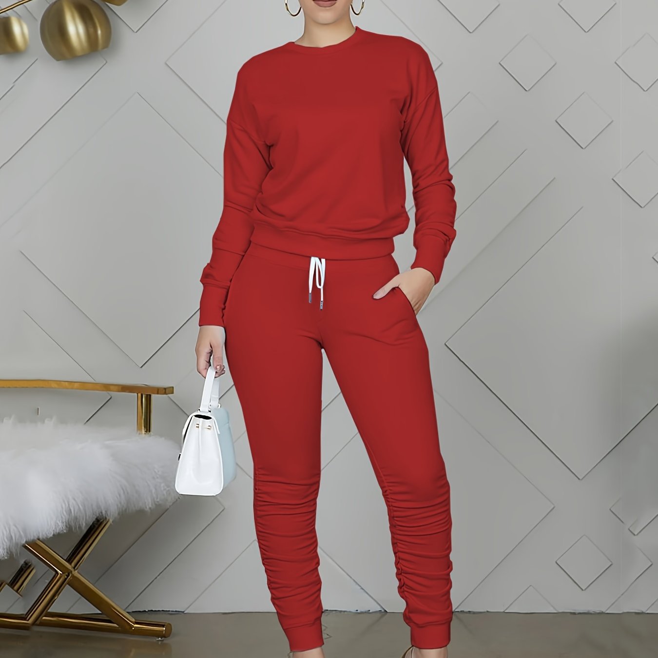 Womens Chic Leisure Two-piece Set - Comfy Long Sleeve Top & Stylish Pocketed Trousers - Versatile for Workouts or Casual Wear