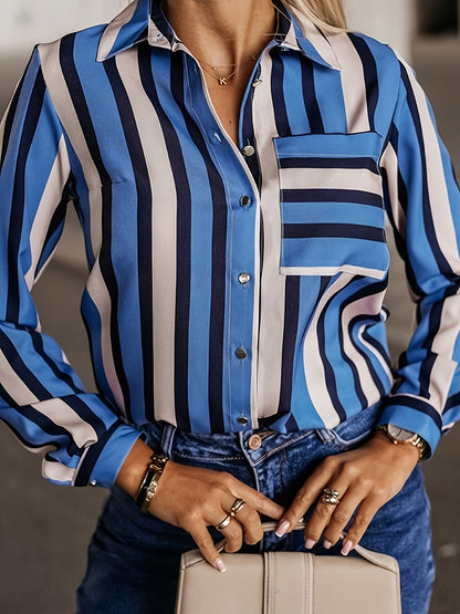 Plus Size Womens Lapel Collar Stripe Print Long Sleeve Shirt Top with Pocket - Polyester Non-Stretch Fabric, Random Printing, Woven, Spring Style, Casual Chic - Middle East Inspired Collection