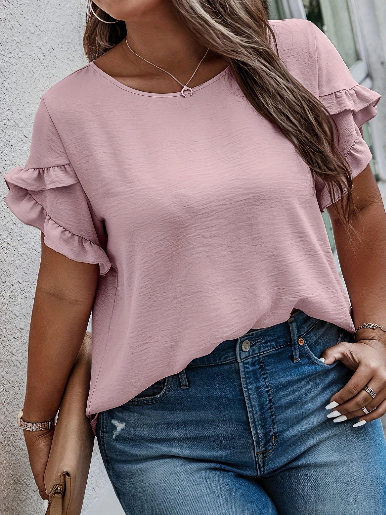 Plus Size Elegant Crew Neck Solid Color Polyester Shirting Blouse - Comfortable Non-Stretch Fabric, Petal Sleeve Design, Perfect for Spring, Summer, Wedding, Holiday, and Vacation - Womens Casual Wear for All Seasons
