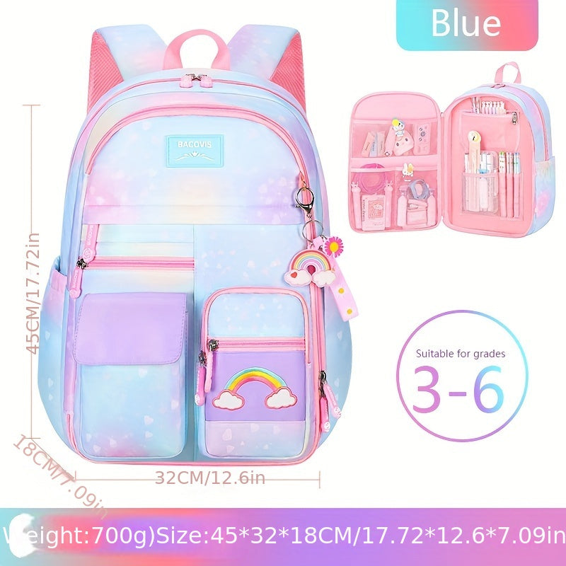 Large Capacity Girls Gradient Rainbow Backpack - Multi-Functional, Spacious & Stylish - Perfect for Primary School Students