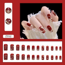 Load image into Gallery viewer, Press On Nails, Short Acrylic Nails, Press On False Nails With Glue For Women, French Glossy Wine Red Fake Nail With Golden Stripes Design, Fake Nails For Women