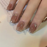 24pcs Nude Brown Press On Nails Short Square Fake Nails Irregular Glossy Full Cover Stick On Nails Metal False Nails For Women Girls