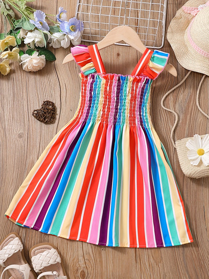 Girls Color Block Striped Sleeveless Ruffles Ruched Dress Kids Summer Clothes