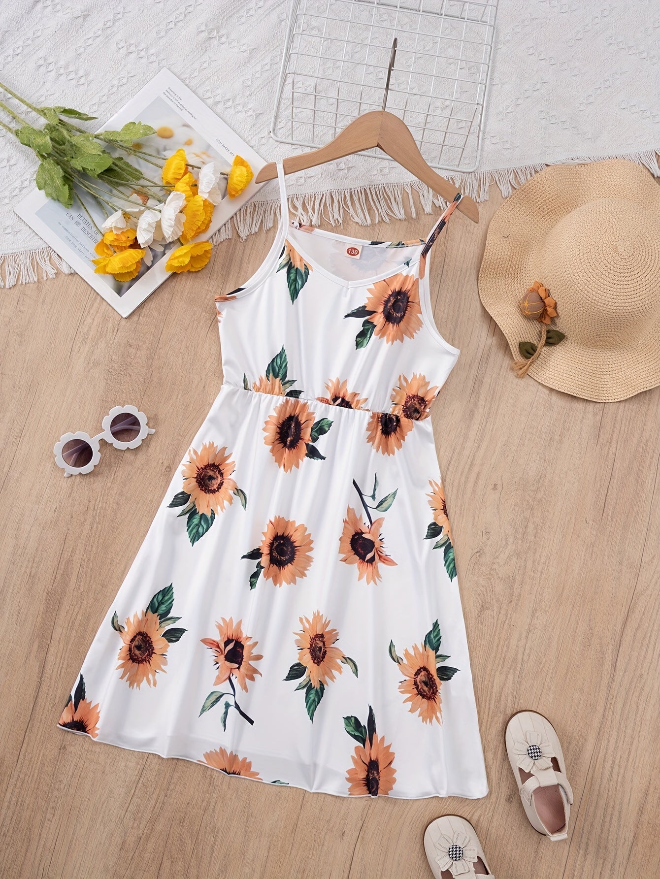 Girls Charming Sunflower Print Dress - Adjustable Spaghetti Straps, Stylish Crew Neck, Trendy Summer Fashion for Blossoming Beauties